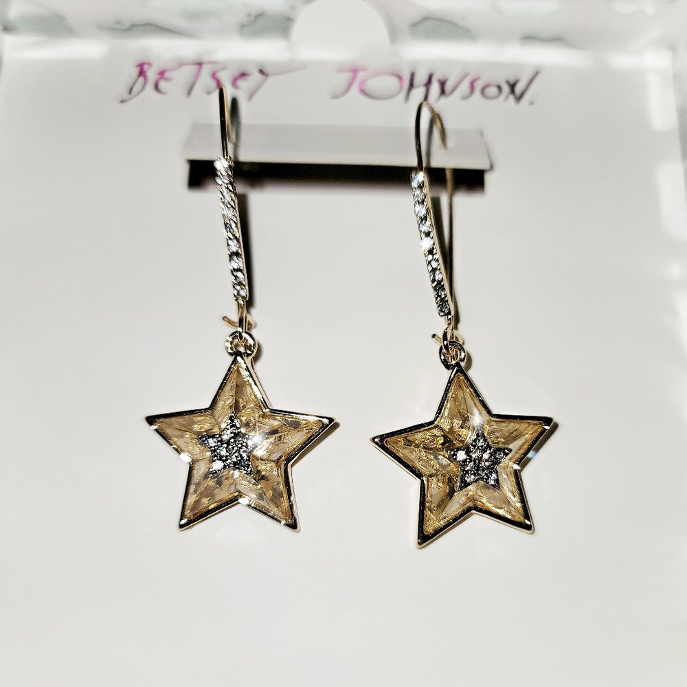 BETSEY Johnson Gold Tone Celestial Punk Star Hook Drop Earrings NIB